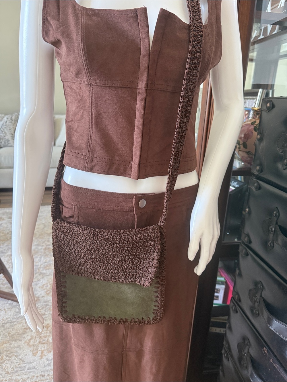 GAP Brown Crochet Crossbody with Green Suede Accent